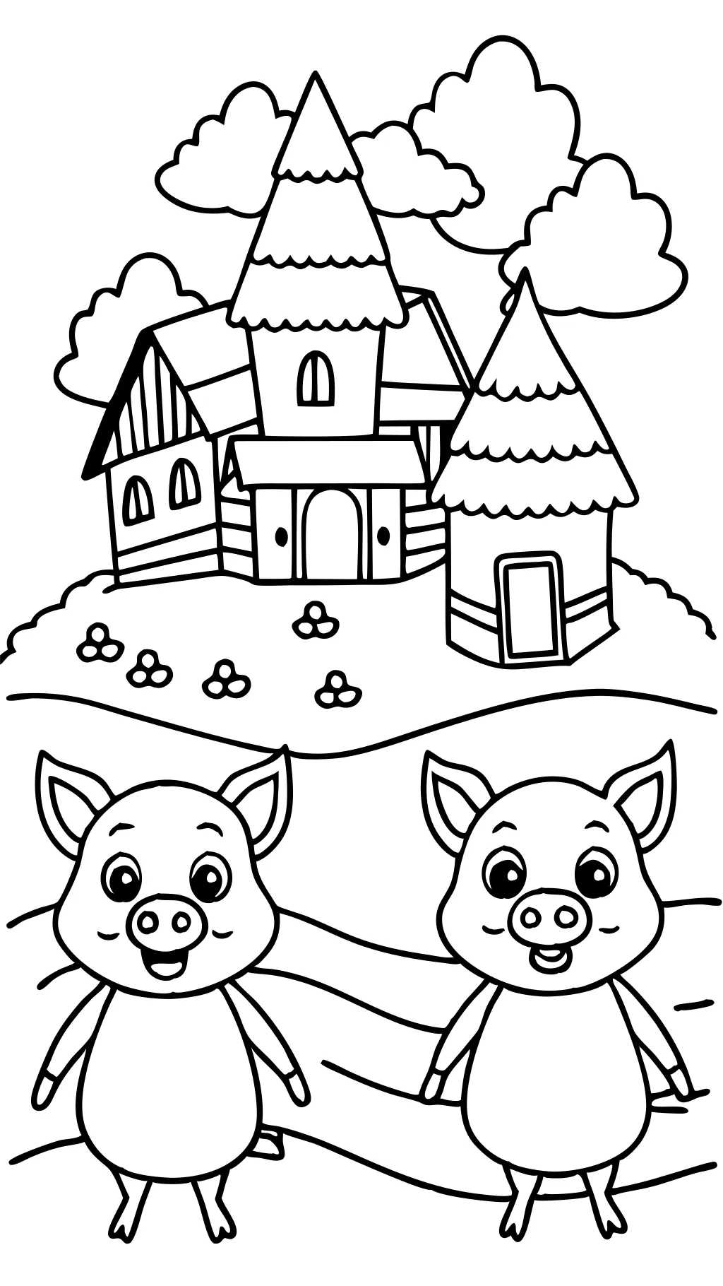 coloriage de trois petits porcs